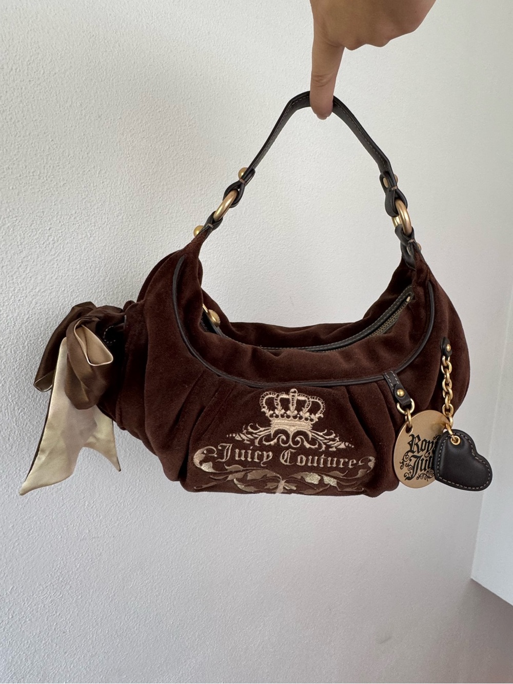 Vintage Juicy Couture Brown Velour crescent Hobo with Charm and Scarf